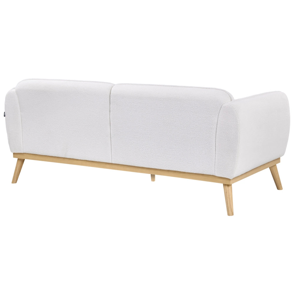 Set da salotto in stile scandinavo con divani a 2 e 3 posti, gambe affusolate in legno e rivestimento in bouclé bianco