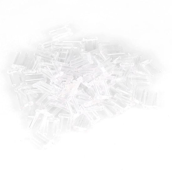 Accessori per occhiali in plastica, compressori 100 pezzi, attrezzi di fissaggio senza bordo, anti-val/Anti-druk, duraturi/pratici, dimensioni 1,4/1,5/1,6 x 0,8 x 7,0 mm, compressori per occhiali.