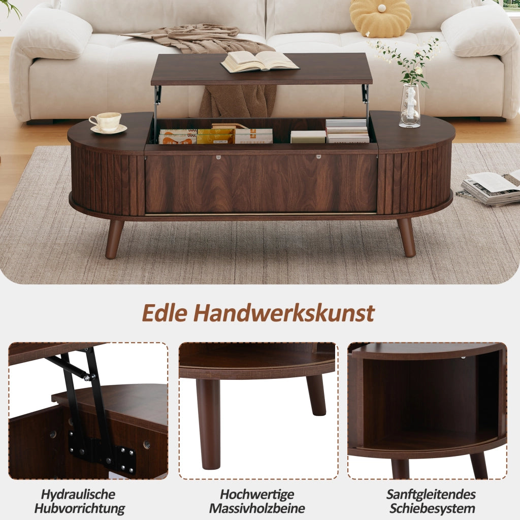 Tavolino basso sollevabile con vano contenitore nascosto e 4 vani, per soggiorno, in MDF, noce, 120 × 50 × 39,5 cm