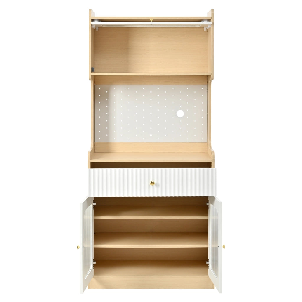 Mobile Alto con Ripiani, Cassetti e LED ¨C Xylo ¨C Legno Naturale con Vetro Scanalato