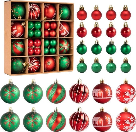 44 set di palline di Natale, imitazione plastica, palline di Natale resistenti all'acqua, per decorazione di festival, decorazione dell'albero di Natale, tema tradizionale rosso-verde