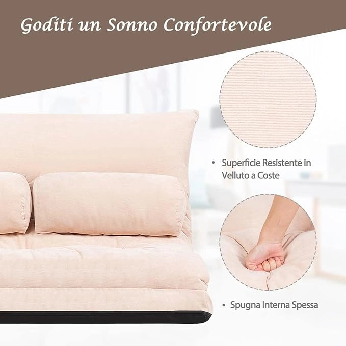 Divano da Terra, Divano Letto Multifunzionale Regolabile in 6 Posizioni con 2 Cuscini, con Fodera in Camoscio per Camera da Letto Salone Balcone (Beige)