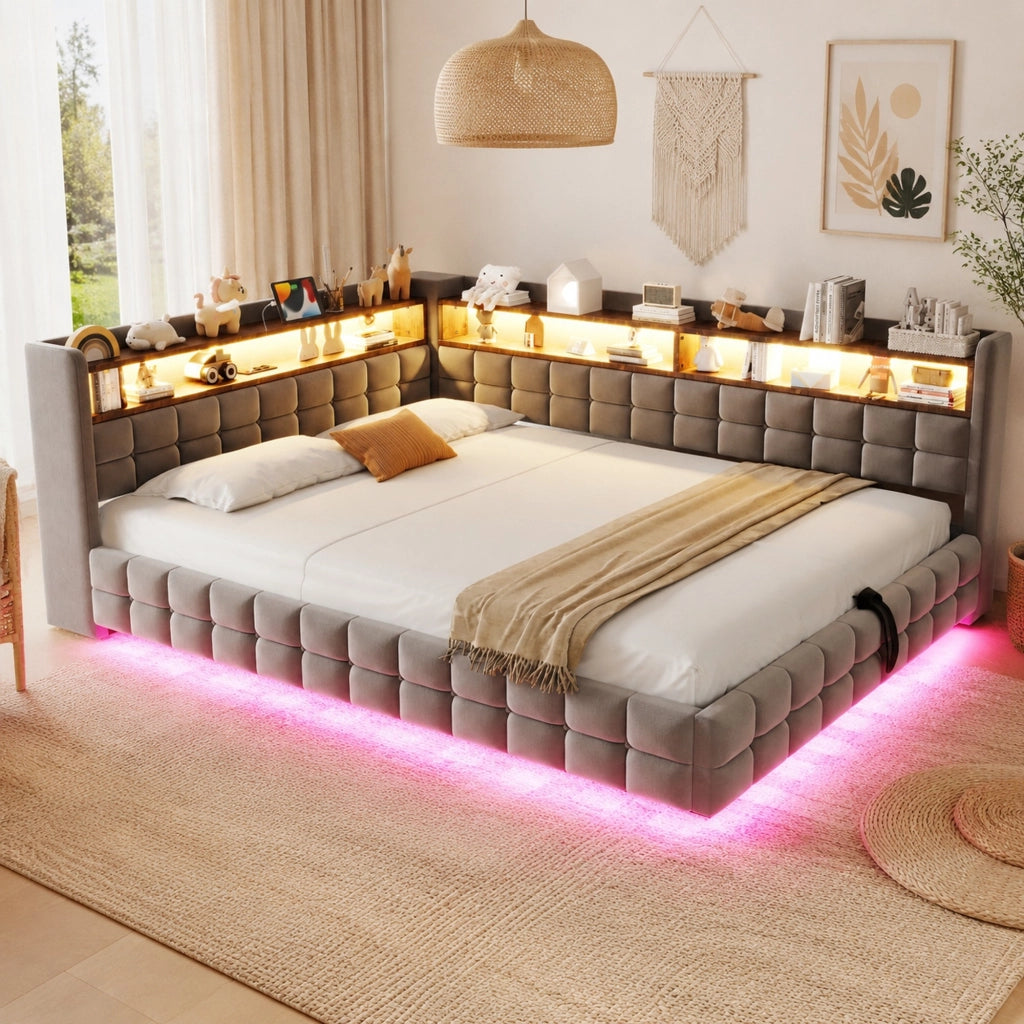 Divano letto imbottito multifunzione 140x200 cm in velluto grigio chiaro con LED e vano contenitore