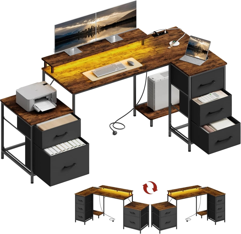 Scrivania Angolare 180x80x84 cm con 5 Cassetti e 2 Ripiani, Scrivania per Computer a L con LED, 2 Prese, 1 Porta USB e 1 Porta Type-C, per Ufficio, Gioco, Studio, Marrone Rustico