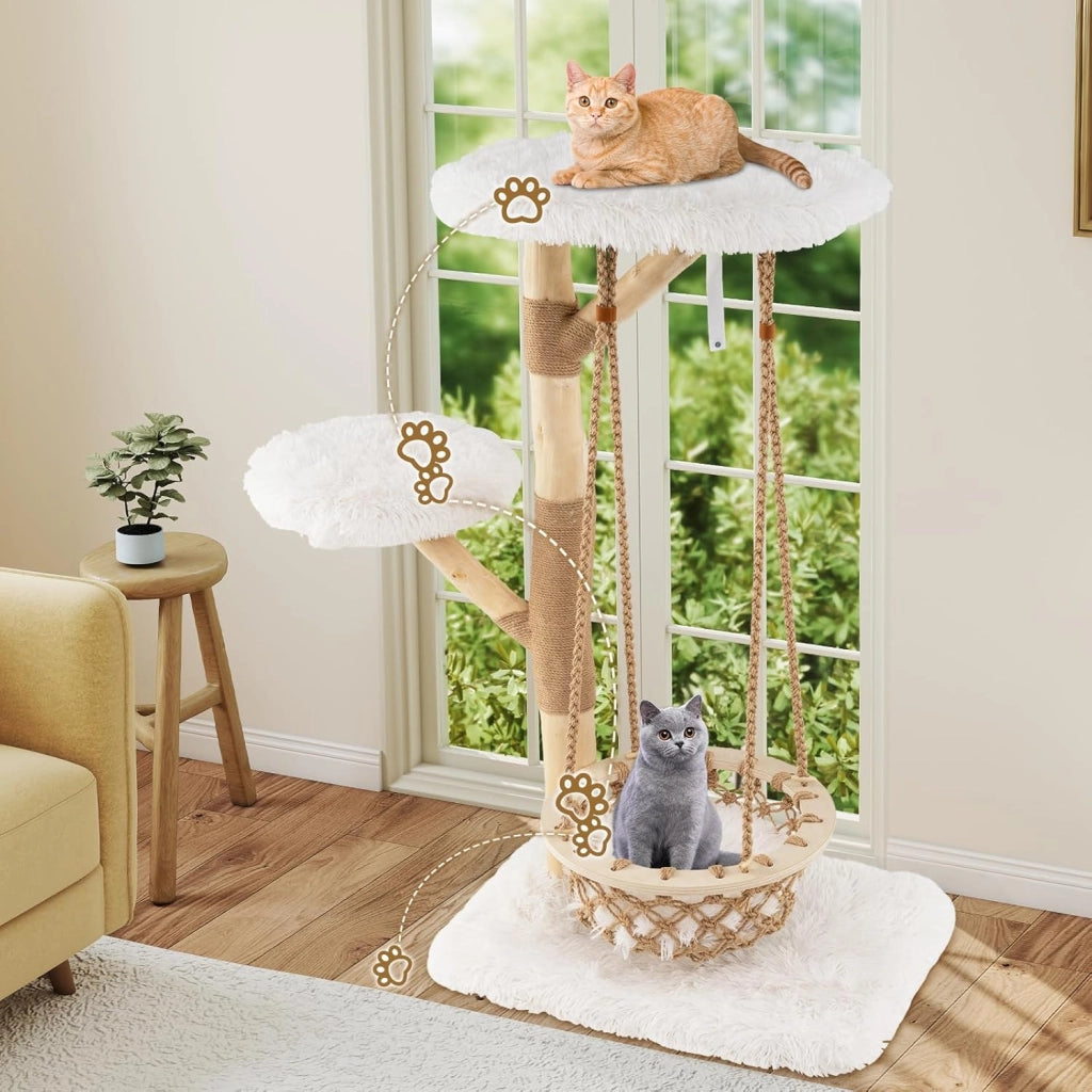 Albero Tiragraffi per Gatti 70 x 50 x 123 cm, Torre per Animali Domestici con Amaca Altalena, Rami di Legno Reale, Pali Tiragraffi di Juta e 2 Posatoi, Giochi per Gatti da Interno