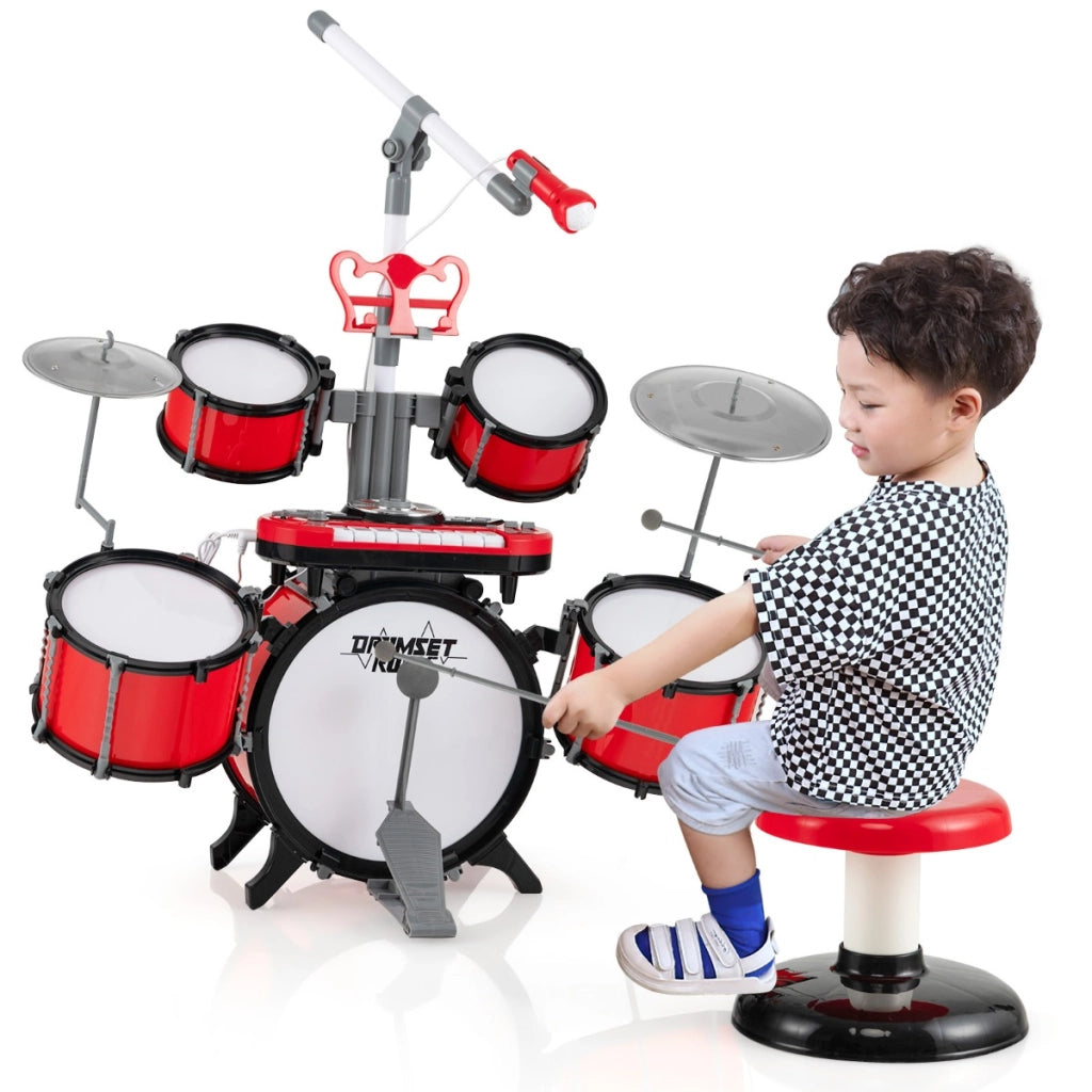 Batteria per bambini 3+ anni con sgabello microfono leggio tastiera, Batteria jazz per bambini Rossa