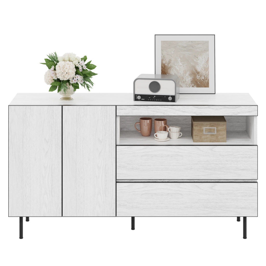Credenza con 2 Ante; 2 Cassetti e Ripiani Aperti per Soggiorno e Sala da Pranzo in Legno 140 × 42 × 77 cm Bianco