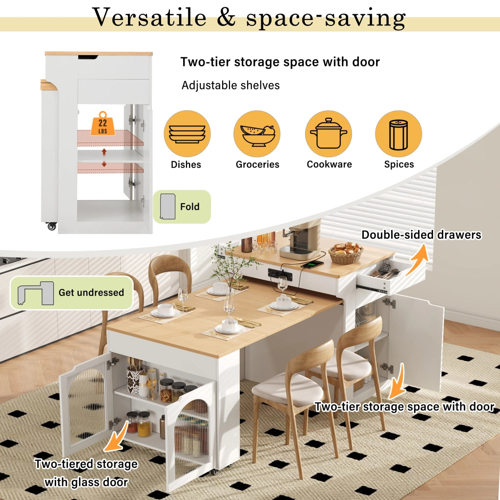 Tavolo allungabile multifunzionale con sideboard, ante in vetro, 2 cassetti, MDF e vetro, bianco