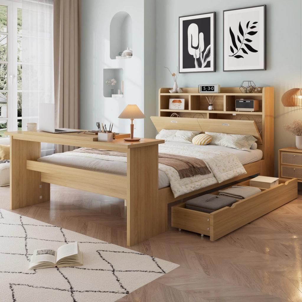Letto multifunzione in legno 140x200 cm con contenitore e tavolo pieghevole