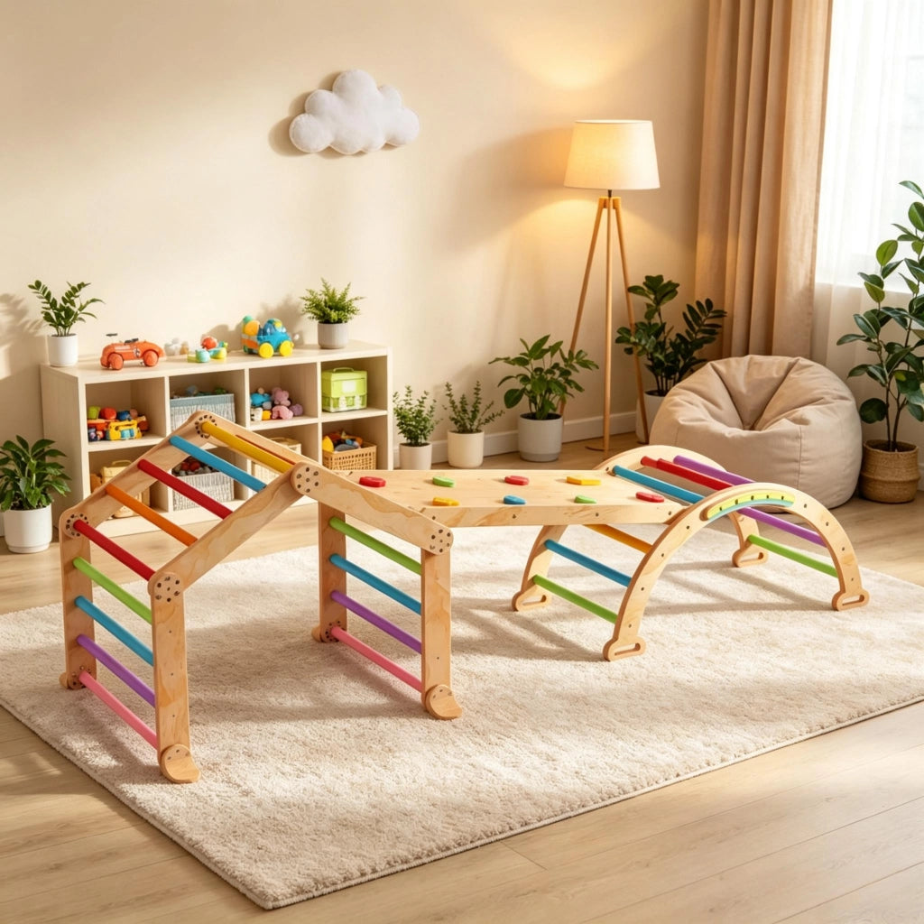 Triangolo di arrampicata multicolore per bambini con rampa reversibile, scivolo e struttura per arrampicata.