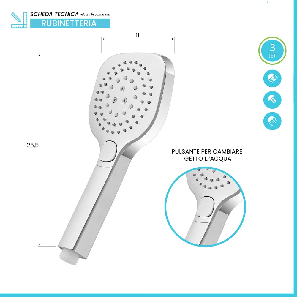 Doccino arrotondato 26 cm con tre tipi di getto cromo in ABS Hidra
