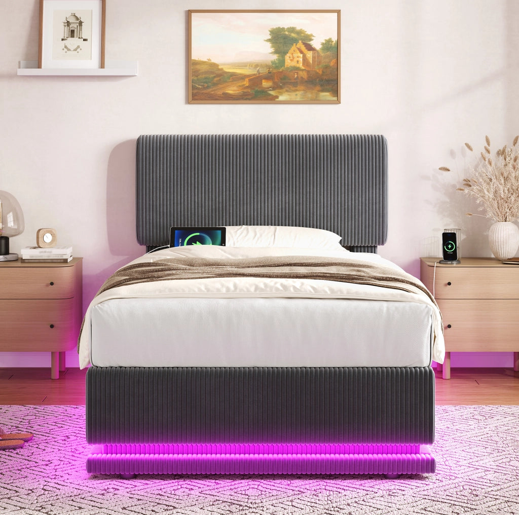 Letto imbottito 90x200 cm grigio scuro in velluto a coste con LED e USB-C