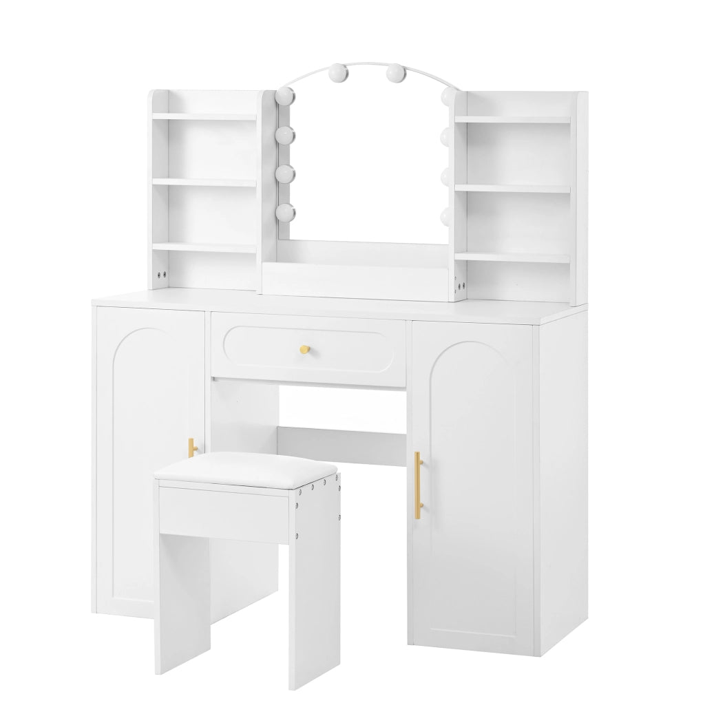 Scrivania Toeletta con Specchio LED, Cassetto e Ante ¨C MINIMAL ¨C Bianco, 110x40x132