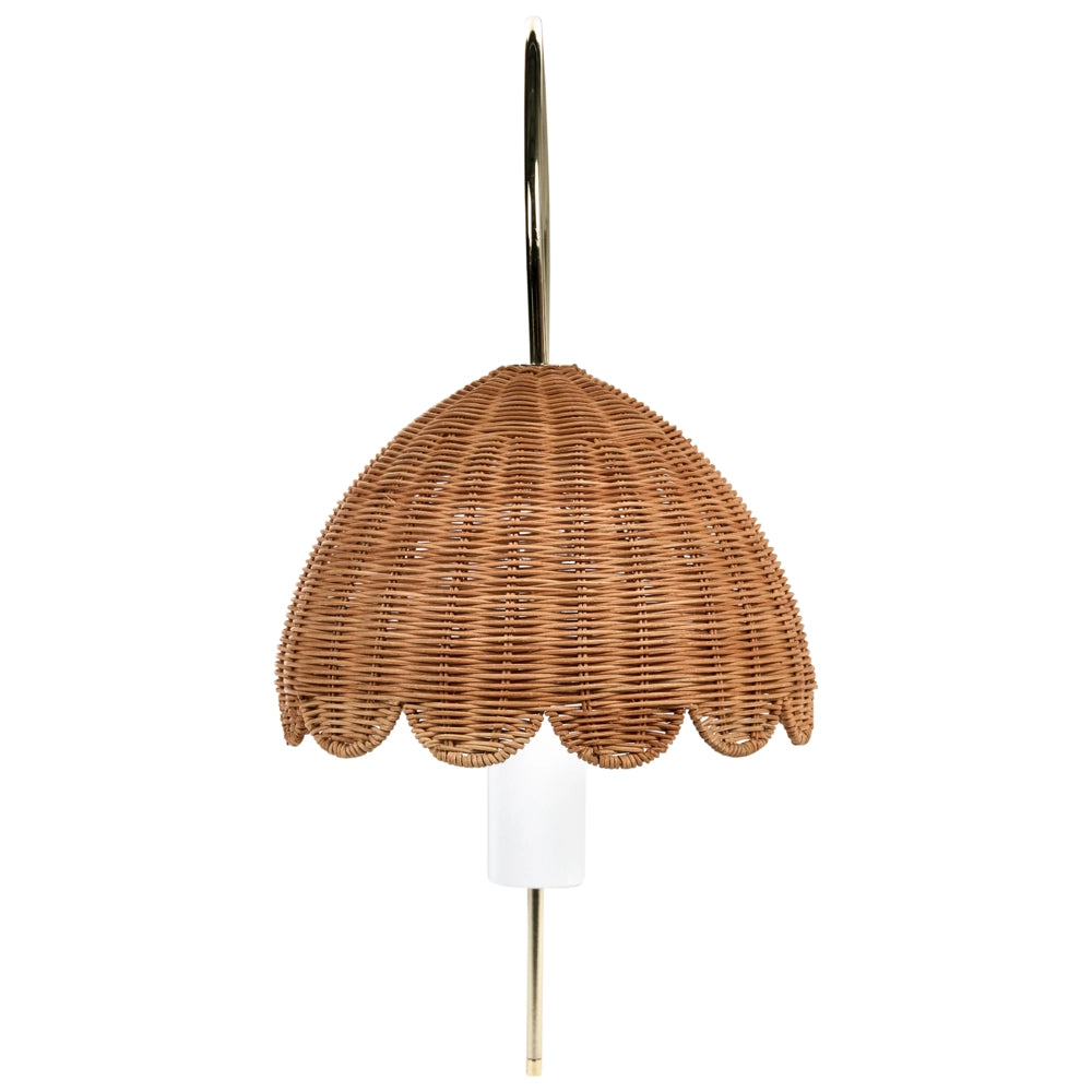 Lampada da parete in rattan naturale con bordo a smerlo, stile vintage e bohémien