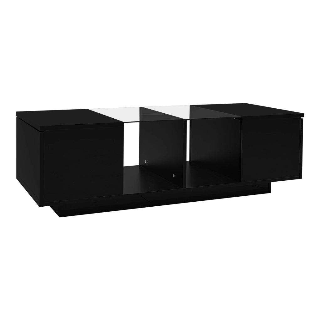 Tavolino da caffè moderno nero 120 x 50 x 38;5 cm con LED; vetro e vani laterali