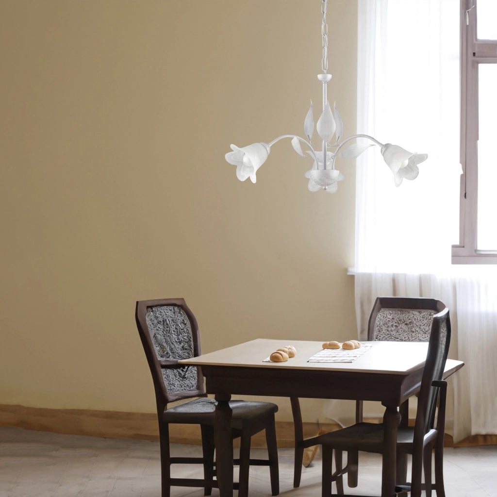 Lampadario 3 Luci Olga Bianco e Argento Ferro Battuto e Vetro BeLight