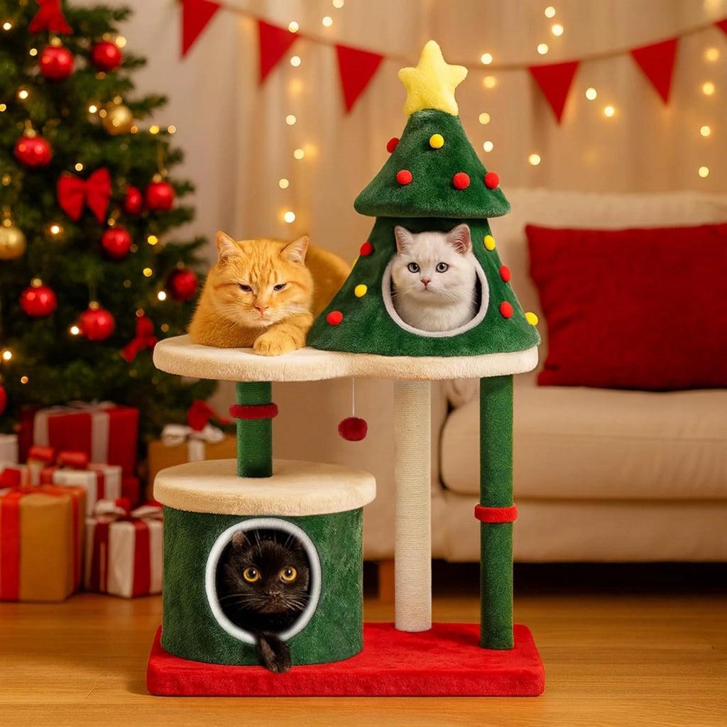 Albero Tiragraffi per Gatti in Stile Albero di Natale 123cm, Stabile Torre per Gatti con Colonne Tiragraffi, Casa per Gatti a Più Livelli con Piattaforme & Palla da Gioco, Mobili Tiragraffi