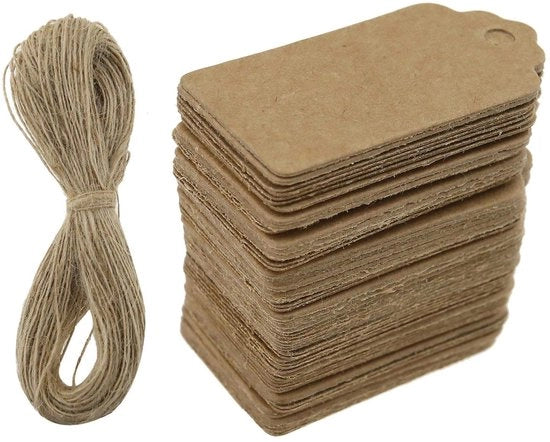 Etichette di prezzo 100 pezzi - Etichette per regalo in cartone - Carta kraft - Corda di juta 20m - Etichette di appoggio 40x20mm - Sostenibile e resistente agli urti