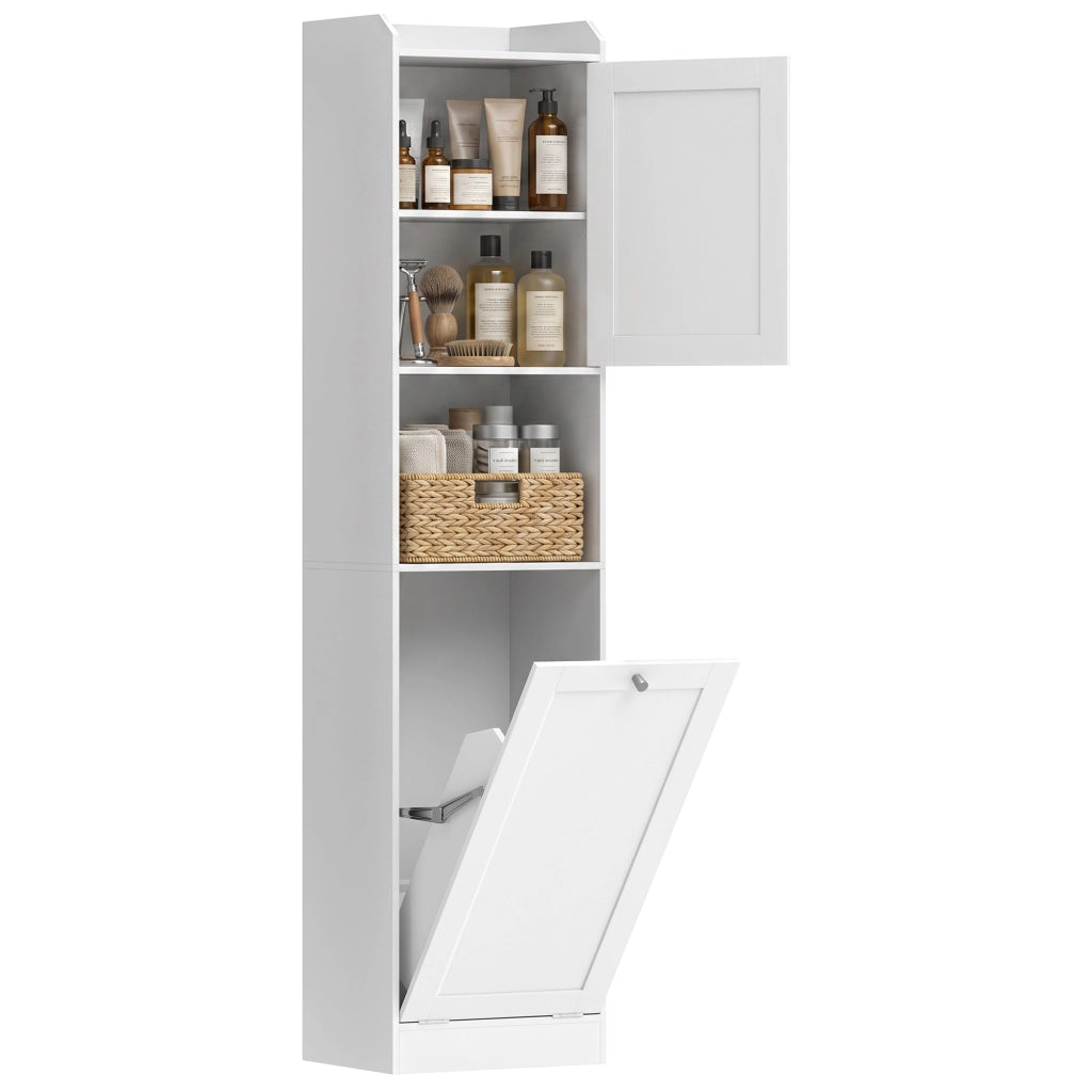 Mobile Bagno Alto con Cesto a Ribalta e Mensole, 40x30x170 cm, Bianco