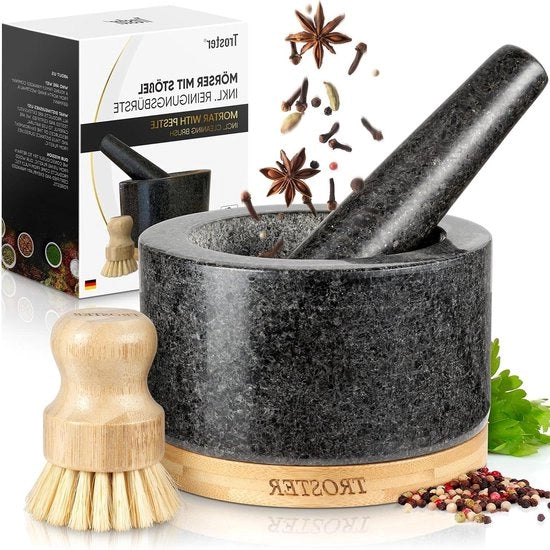 Vijzel in granito con pestello - inclusa spazzola per pulizia e sottopiatto in legno - formato XXL - grande vijzel in granito con pestello