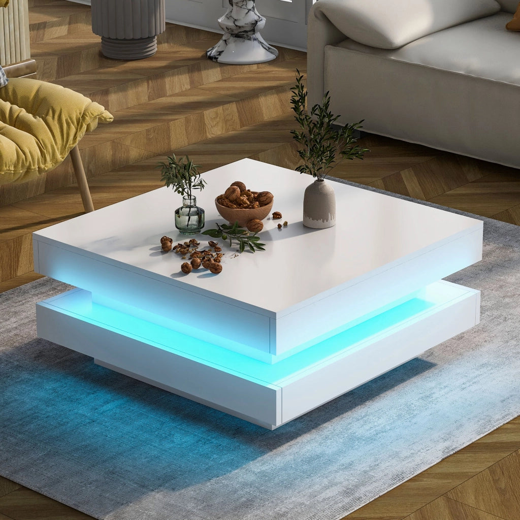 Tavolino basso quadrato lucido con piano girevole a 360° e LED, per soggiorno, bianco, 70 × 70 × 36 cm