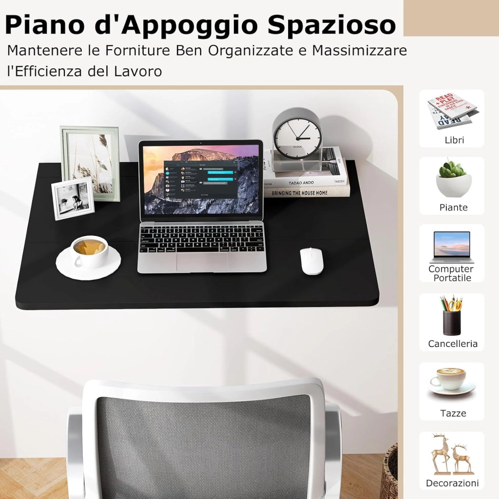 Tavolo Pieghevole a Muro, Tavolino Porta PC da Parete in Legno, Tavolo a Scomparsa Multifunzionale, Ideale per Soggiorno, Cucina e Studio, 80 x 60 x 45 cm (Nero)