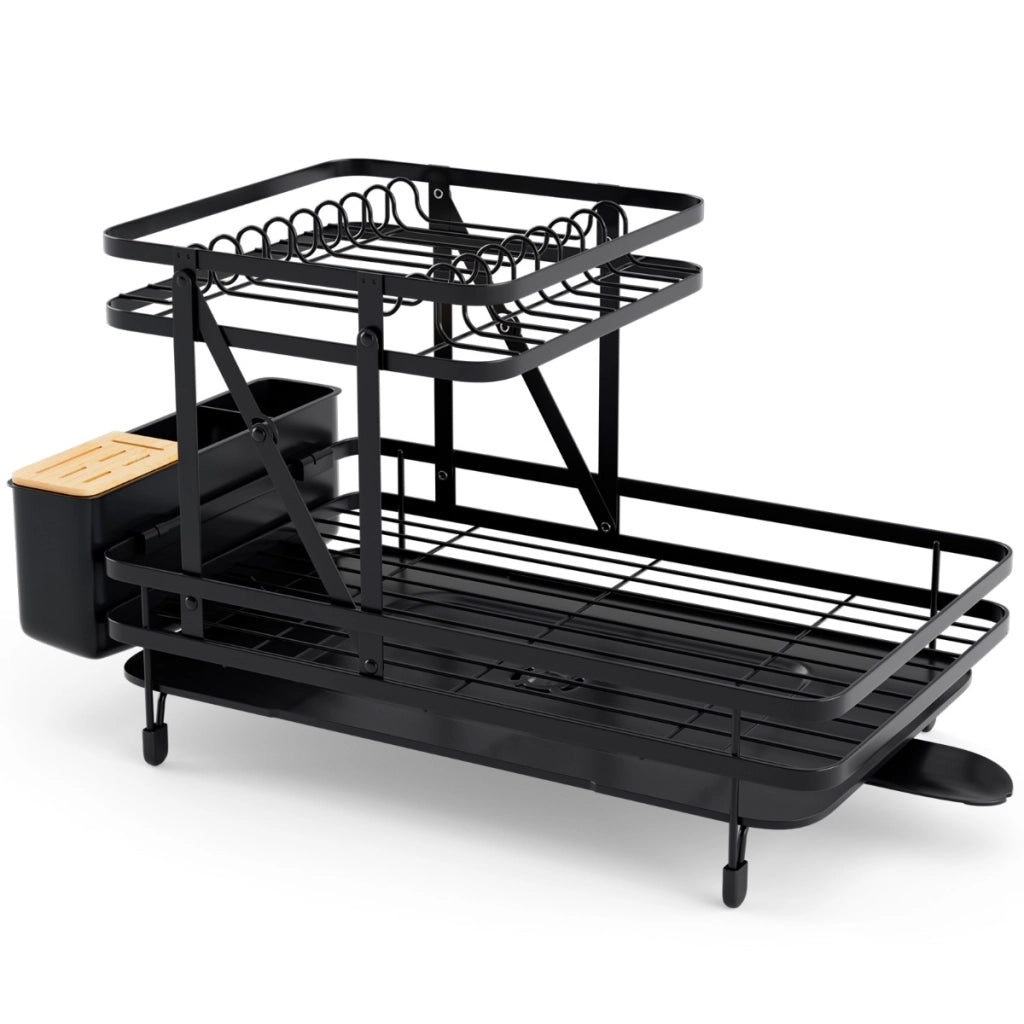 Set di scolapiatti e scolapasta pieghevole per cucina, Scolapiatti in metallo a 2 livelli con portautensili Nero