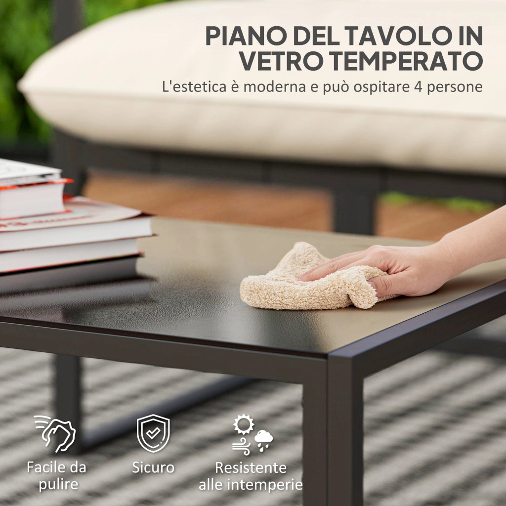 Set 4 Pezzi da Giardino con Divanetto 2 Poltrone e Tavolino in Acciaio, Poliestere e Cotone PP Beige e Grigio