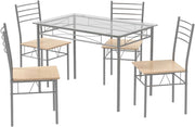 Tavolo da pranzo in vetro temperato con 4 sedie, set da pranzo, ampio piano e seduta grande con venature di legno delicate, poco ingombrante, per cucina, soggiorno