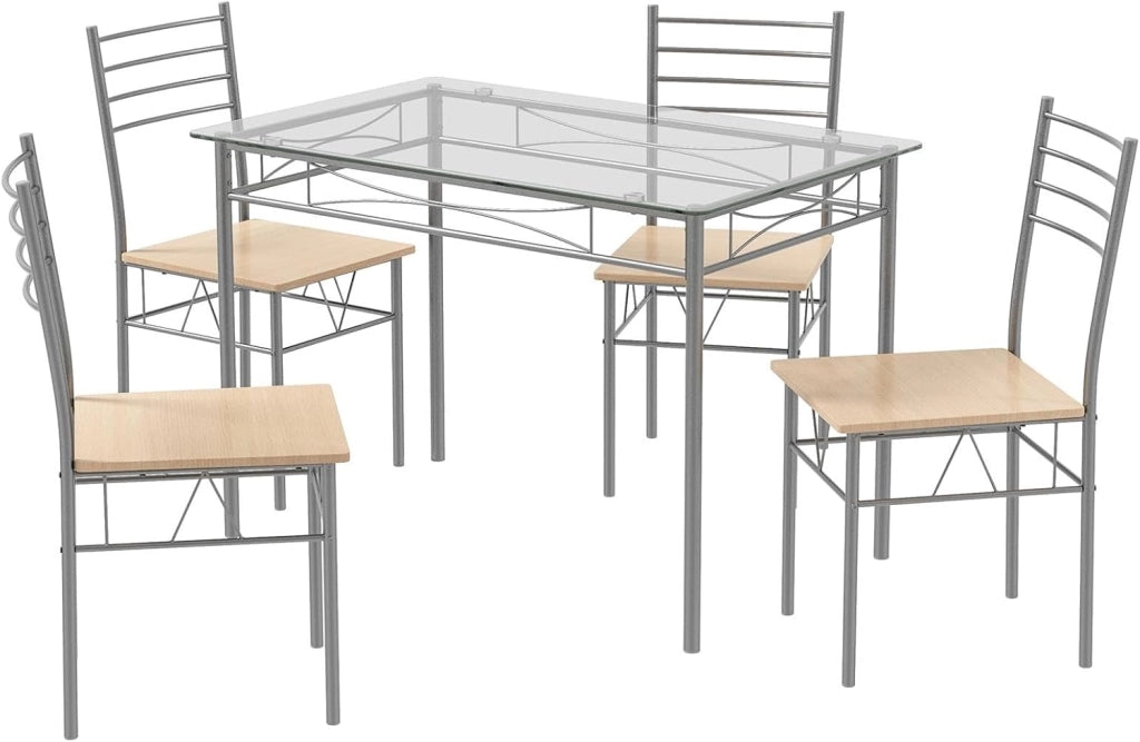 Tavolo da pranzo in vetro temperato con 4 sedie, set da pranzo, ampio piano e seduta grande con venature di legno delicate, poco ingombrante, per cucina, soggiorno