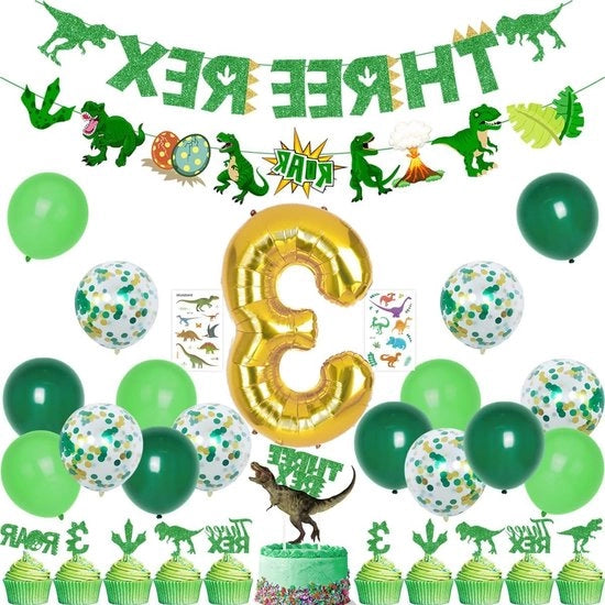 Decorazioni per Festa di Compleanno Dinosauro - 3 Anni - Set di Bandierine e Topper per Torta e Cupcake - Ballooni - Stickers Temporanei - Festa di Compleanno per Ragazzi e Ragazze