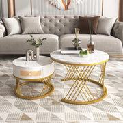 Tavolino da salotto 2 in 1 rotondo - Zephmum- 70x70x45.5+50x50x38.5cm- Piani in marmo e cassetti in rattan