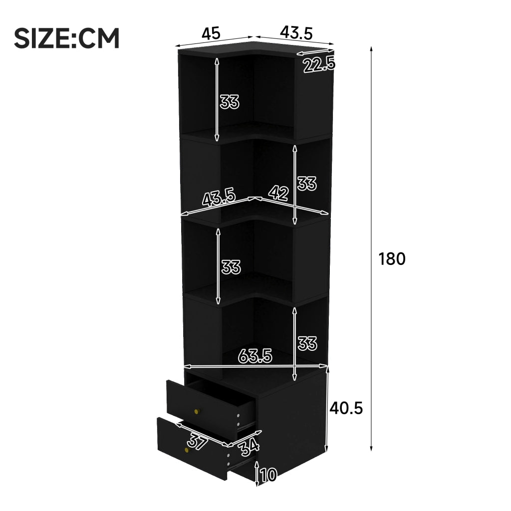 Libreria angolare a L con illuminazione LED controllabile via app, 45 x 43,5 x 180 cm, nero