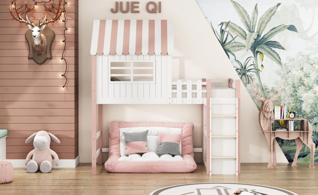 Letto per bambini a casetta 90x200 cm in legno massello; rosa; con scala di sicurezza