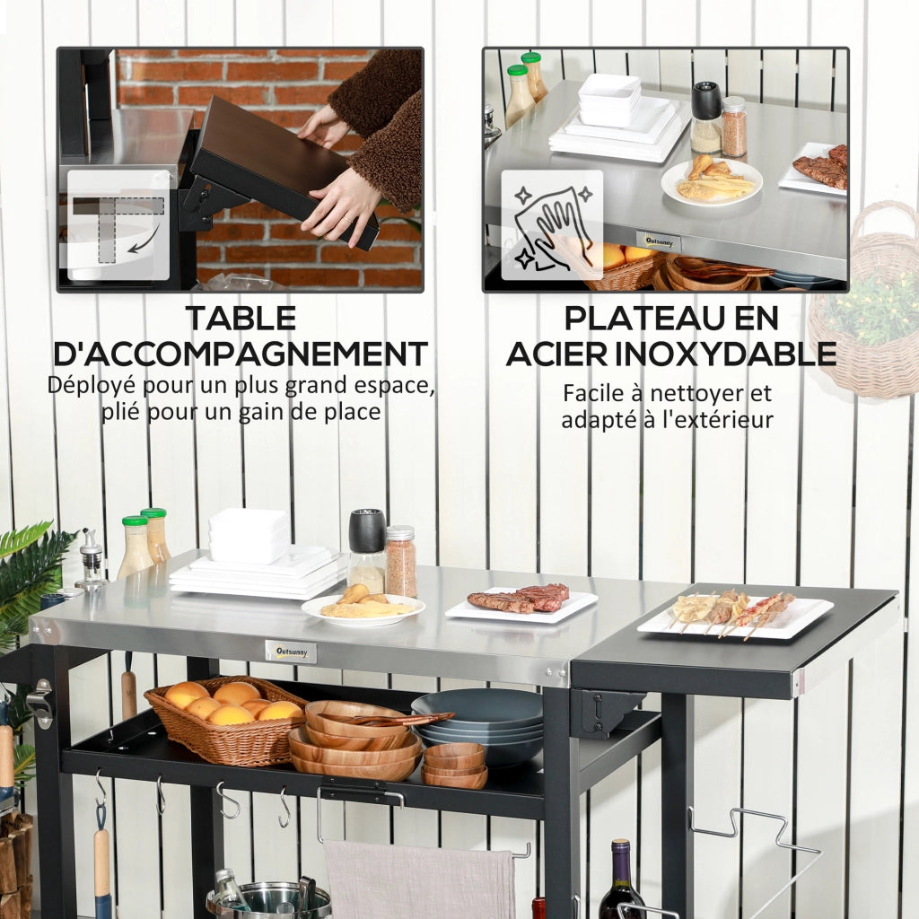 Carrello per barbecue plancha con ripiano in acciaio inox, 6 ganci e ripieghevole ¨C zephmum ¨C grigio 60x45x90