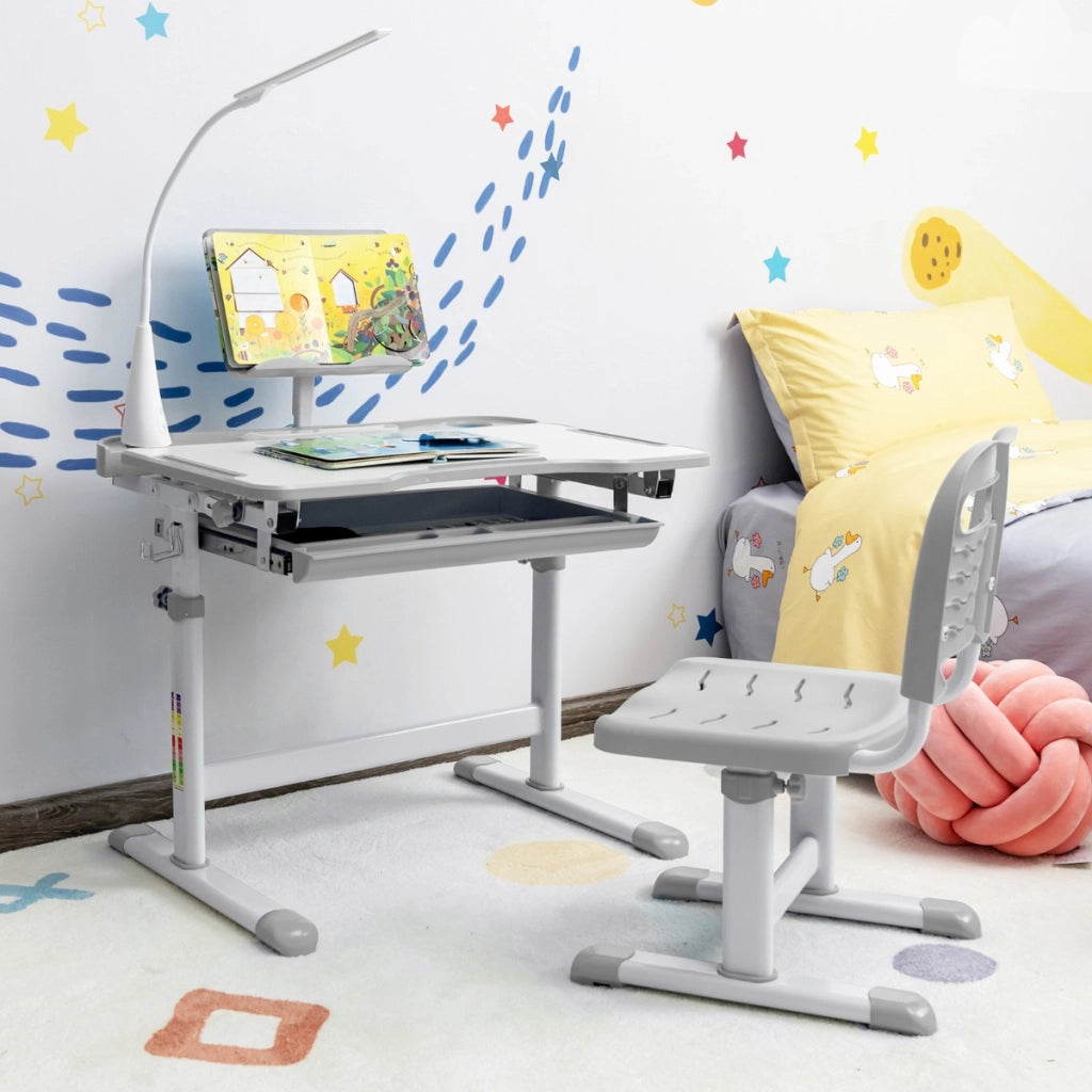 Set scrivania e sedia per bambini con altezza regolabile, Scrivania e sedia con leggio per libri e luce LED Grigio
