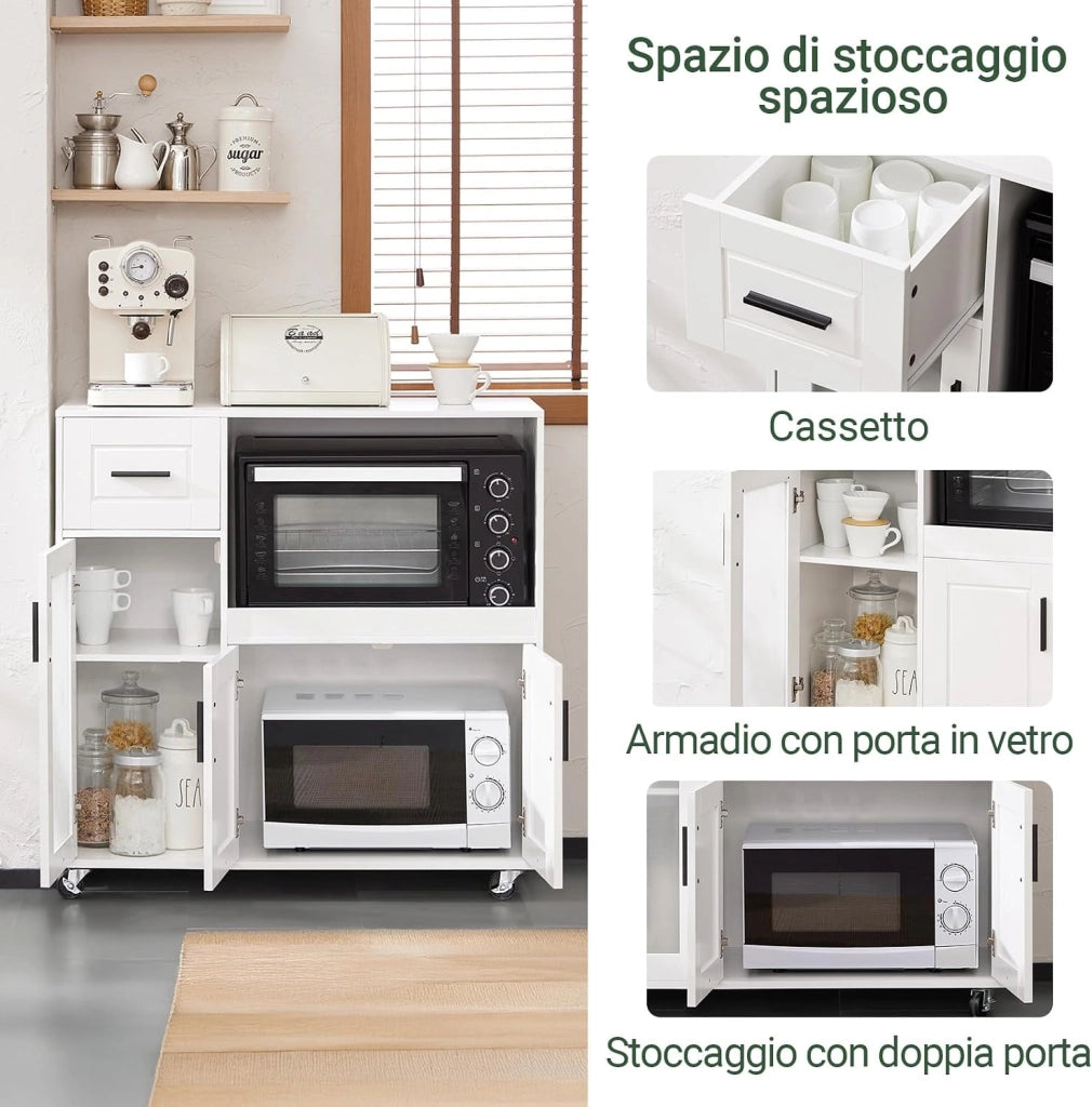 Carrello da Cucina, Isola Cucina con Ruote, Mobili da Cucina, Supporto per Microonde, Carrello Mobile per Sala da Pranzo e Ufficio 88,5 x 40 x 89 cm Bianco FSB78-W