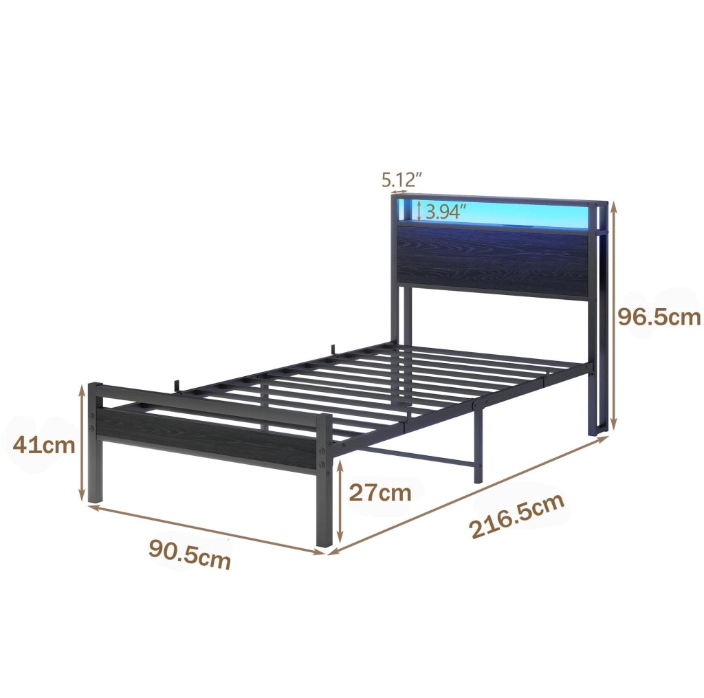 Letto singolo 90x200 in metallo con testiera contenitiva e porta USB