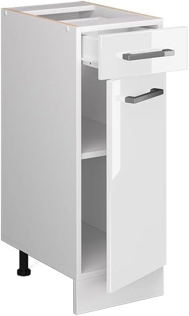 Base universale R-Line, Bianco lucido, 30 cm con cassetto, senza piano di lavoro, adatto per essere riposto in modo salvaspazio nelle cucine componibili