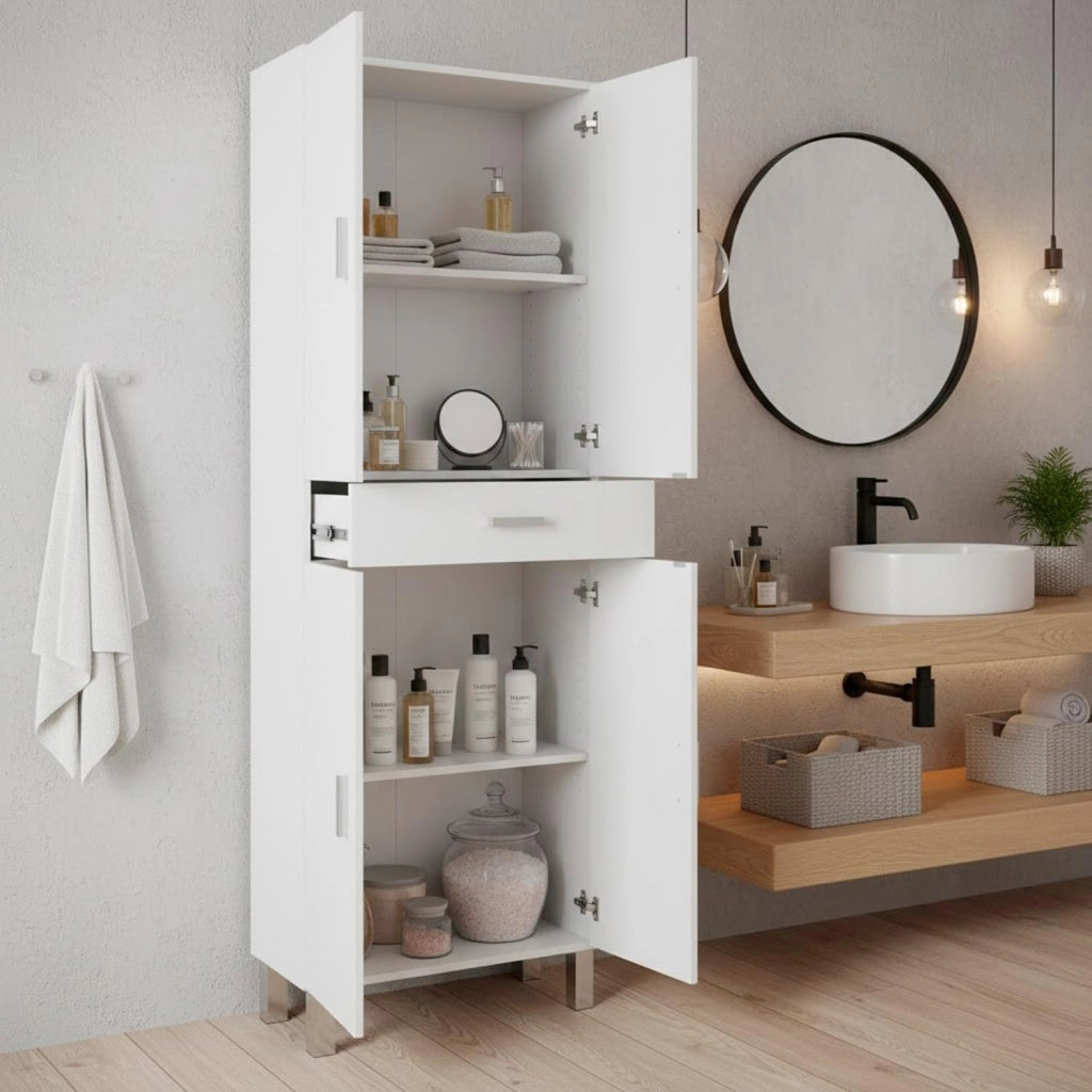 Colonna Bagno 4 Ante 4 Ripiani Cassetto Mobile Alto Moderno Salvaspazio Mensole Regolabili Elegante Minimal Per Lavanderia Ripostiglio 182 X 60 X 29 Cm Colore Bianco