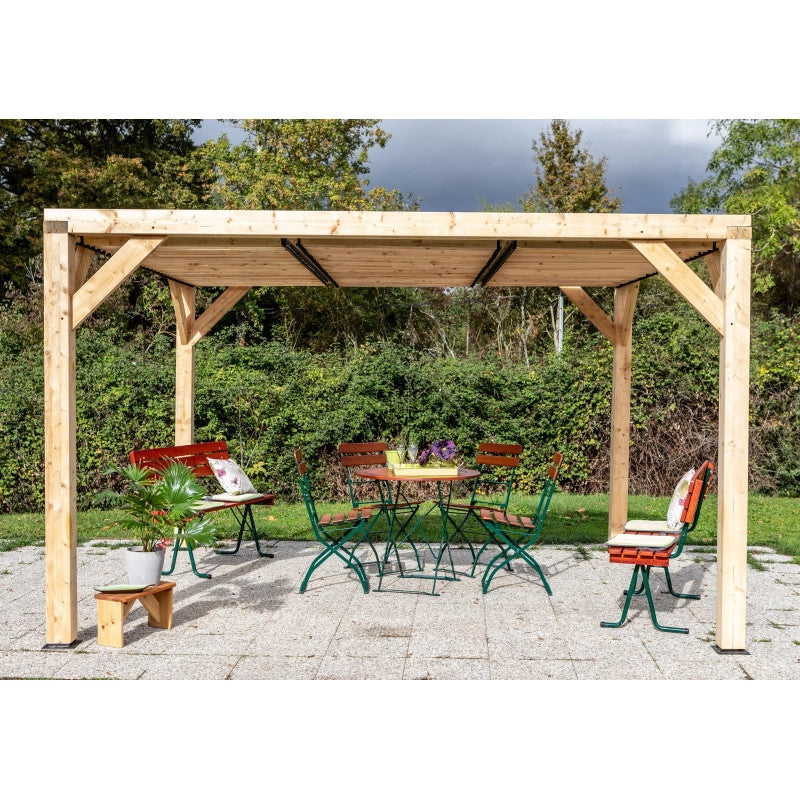 Pergola da giardino in legno lamellare 340x312 cm – gazebo con tetto a ventelle orientabili – pali 120x120 mm – VT3431T Foresta