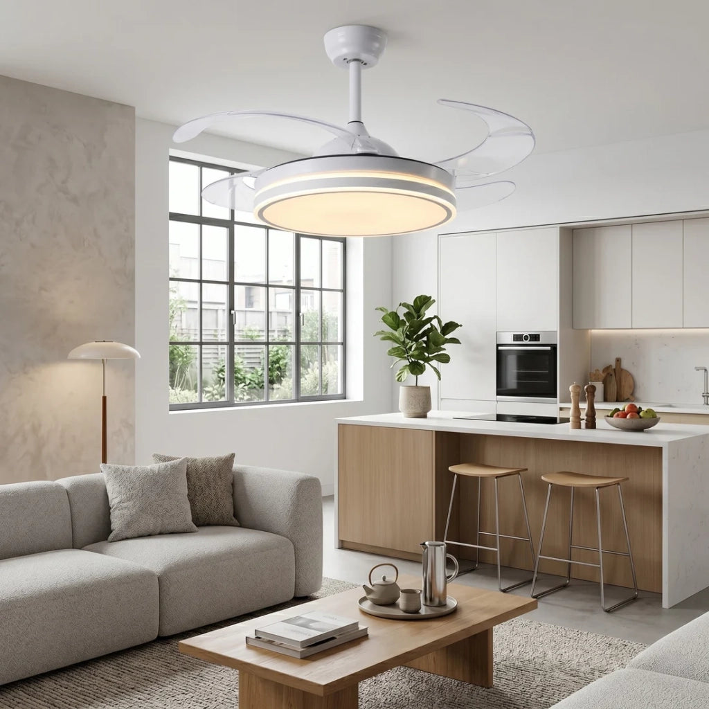 Plafoniera Ventilatore da Soffitto 108cm Pale a Scomparsa, Luce LED Dimmerabile, Telecomando e Motore Silenzioso, Bianco