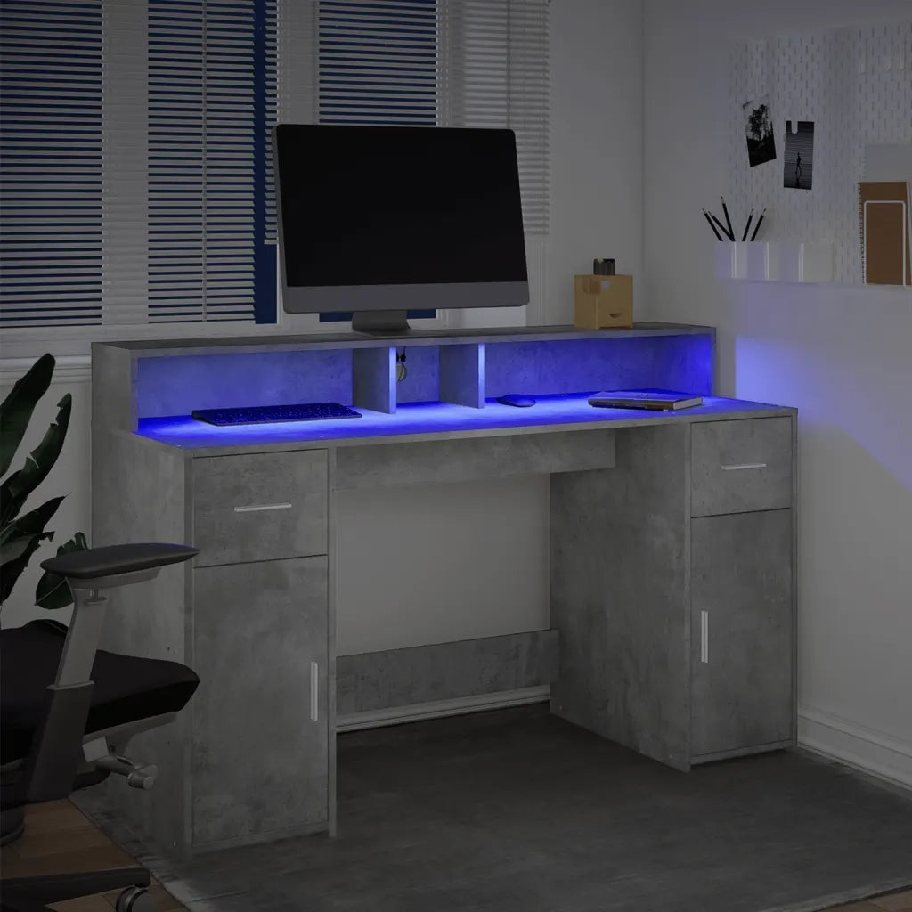Scrivania | Tavolo da Ufficio con Luci LED Grigio Cemento 140x55x91 cm Multistrato
