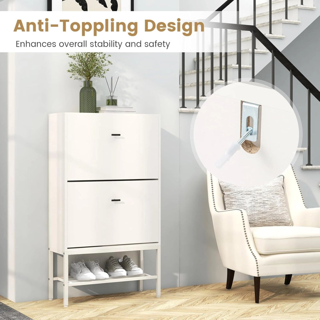Scarpiera con Ripiano Nascosto, 2 Cassetti e Supporto in Metallo, Gambe Regolabili, Organizzatore per Scarpe, Borse, Tacchi, 60 x 24 x 106 cm.