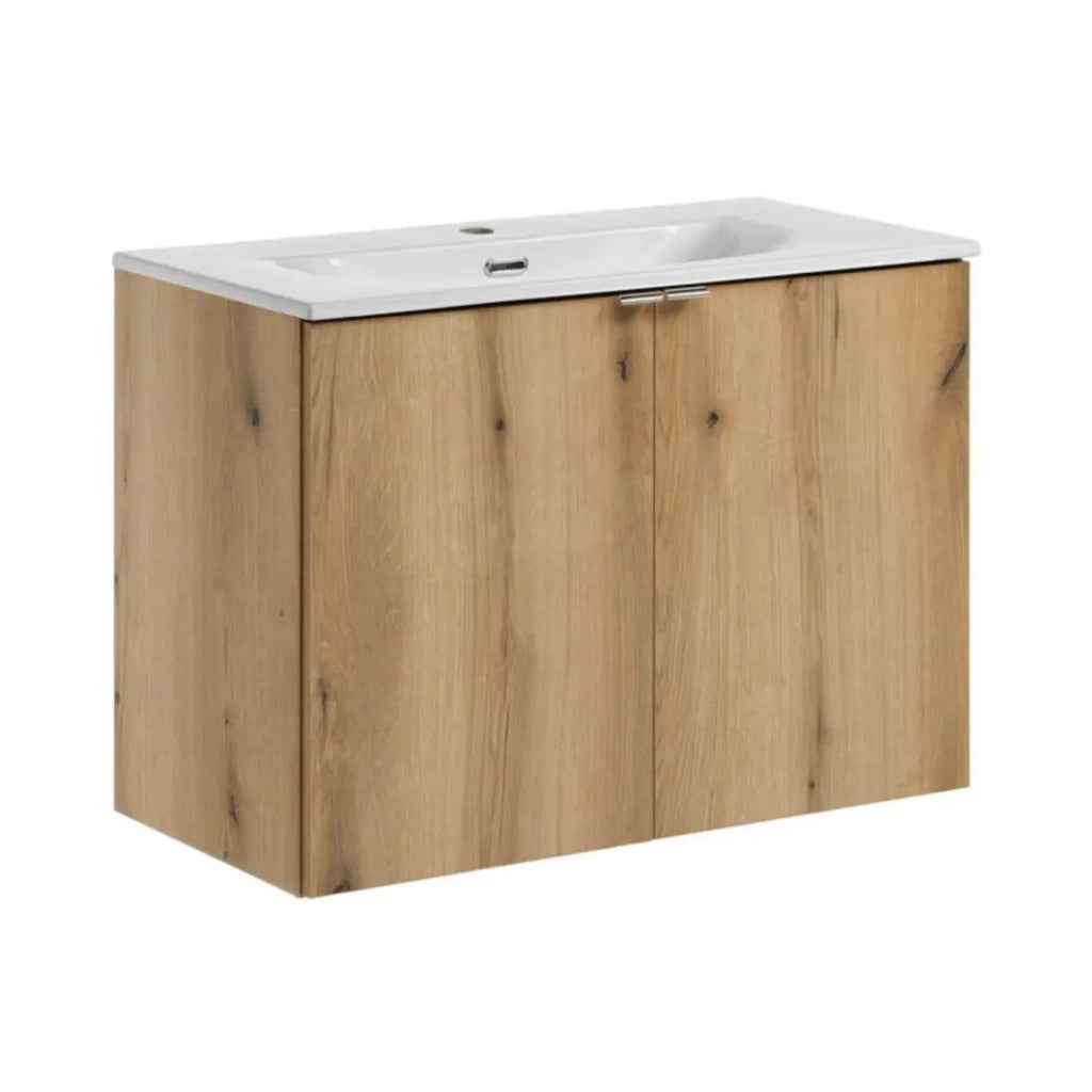 Set da bagno sospeso VANO effetto rovere e bianco 80cm: mobile sotto lavabo con armadietti + lavabo incassato