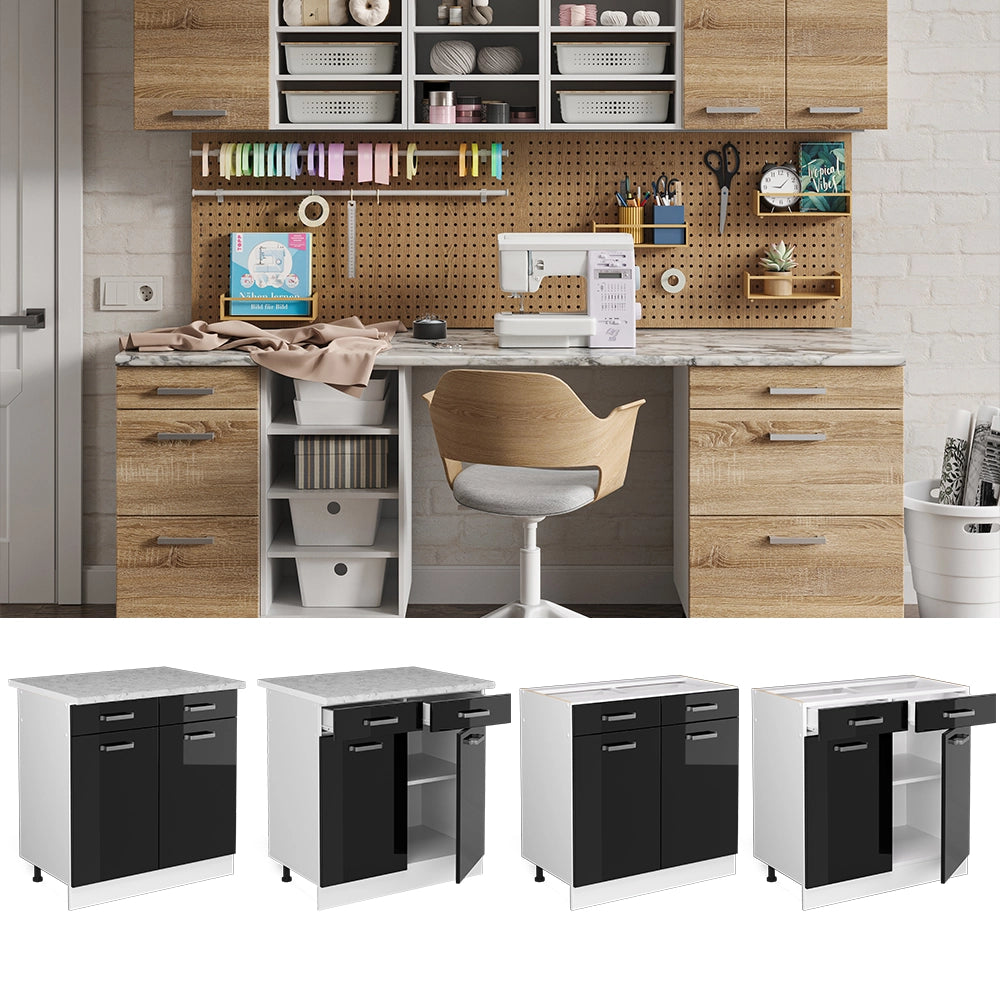 Vicco Base universale Nero lucido 80 cm con cassetti e ante, senza piano di lavoro
