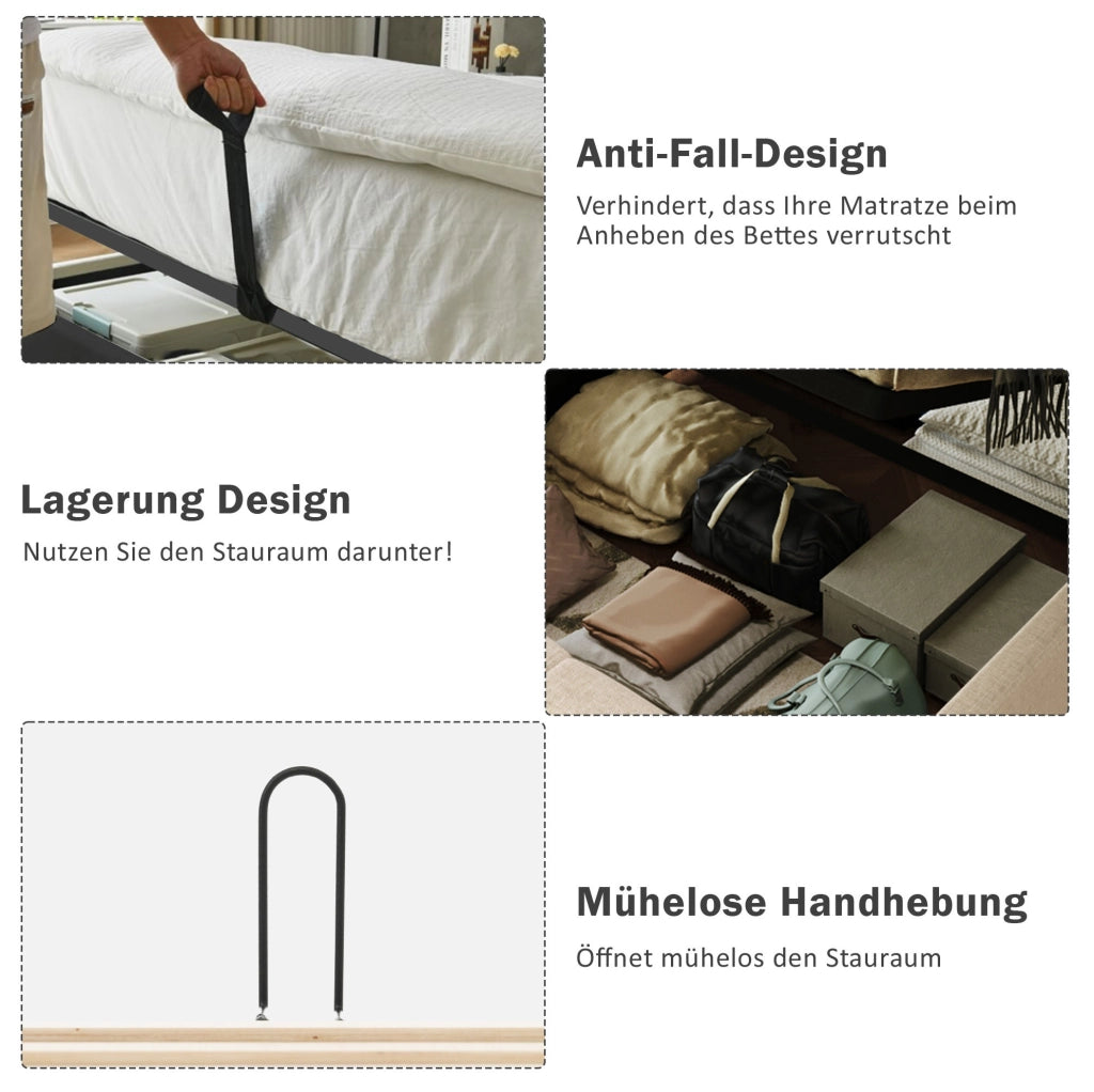 Letto contenitore imbottito con luci, prese e comodini sospesi