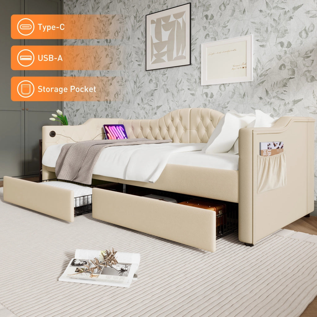 OKWISH Letto Banquette 90×200 cm, Letto Singolo con USB, Tipo C, 2 Cassetti e Tasche Laterali, senza Materasso, in Velluto, Beige
