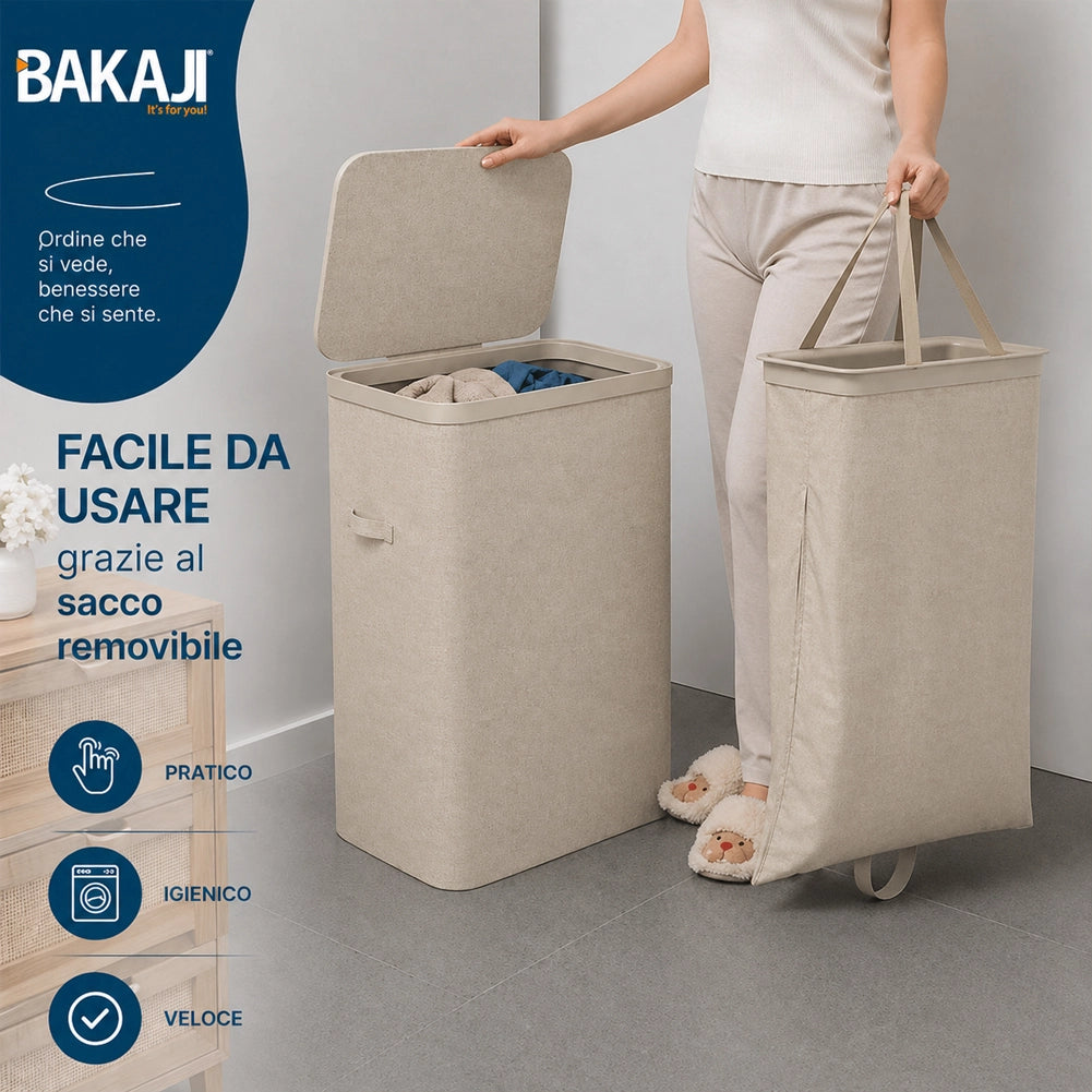 Cesto Biancheria Sporca 42x32x67 cm Sacco Estraibile Portabiancheria 105L Beige