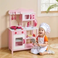 Cucina Giocattolo per Bambini 3+ Anni con Microonde, Piano Cottura e Lavandino, in Legno, 55x24x86 cm, Rosa